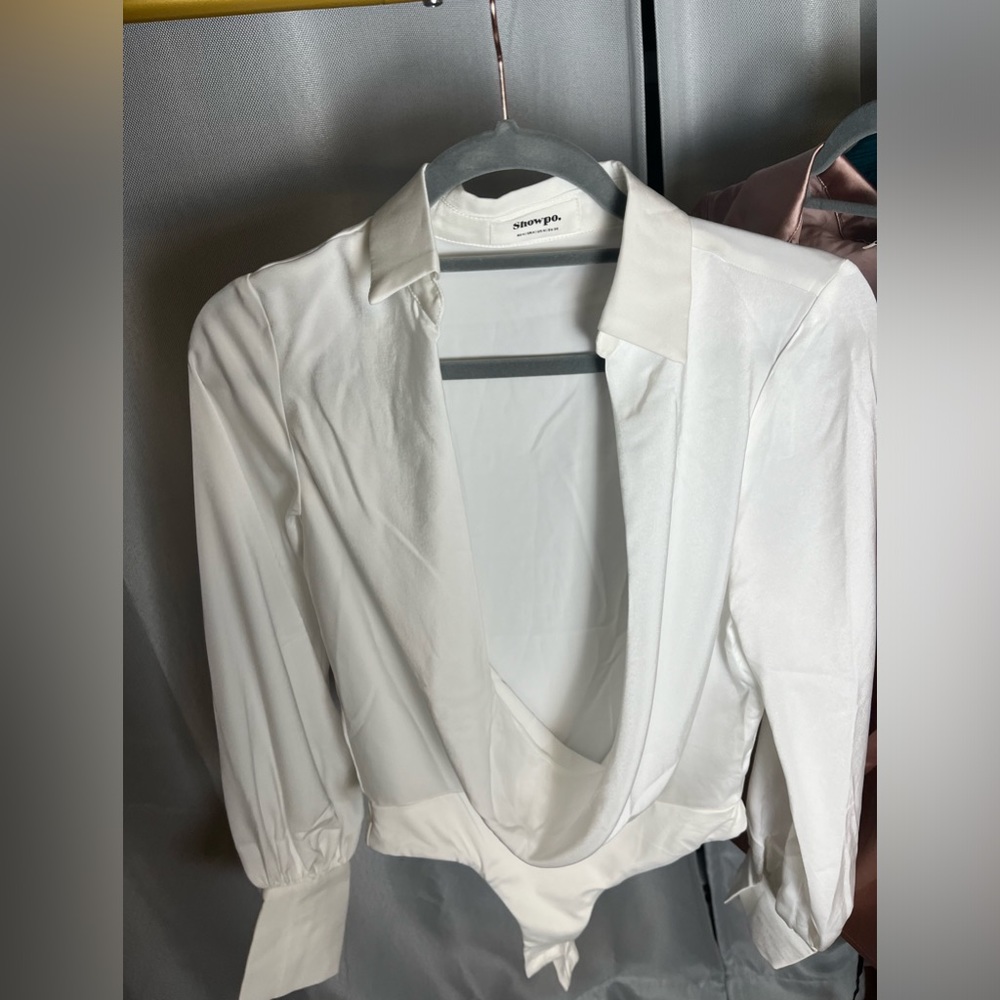 White blouse , satin like fabric, open draped front